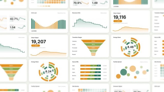 Sustainability energy dashboard on light background, animated infographic charts, renewable source mix and emission metrics panels, seamless looping environmental analytics interface