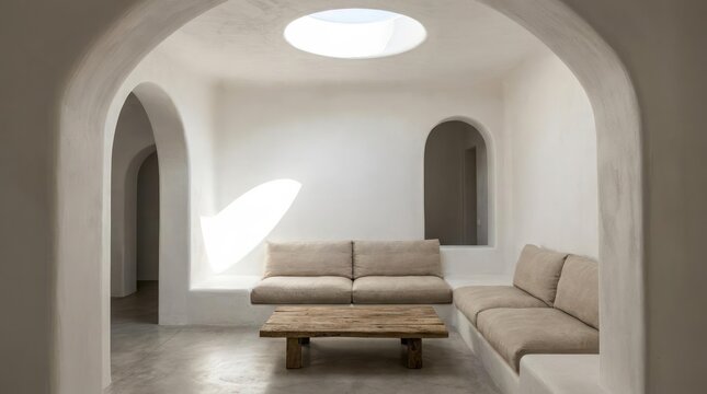 Minimalist white living room with skylight and curved arches