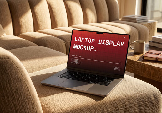 Laptop Computer Screen Mockup on Curved Beige Couch
