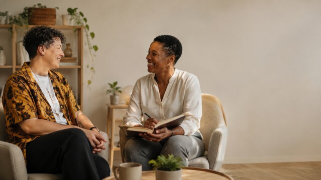 Counselor and professional sharing a laugh during therapy session