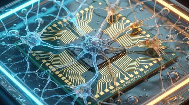 Biological neurons growing on silicon computer microchip surface, demonstrating cybernetic organic bioprocessor technology, representing advanced neural network interface development.