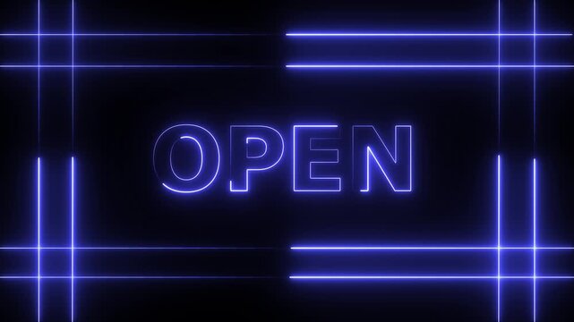 Glowing purple neon text animation of the word "OPEN" enclosed in a decorative lined grid frame on a dark black background. Perfect for business storefronts, retail shops, retro advertising, and welco
