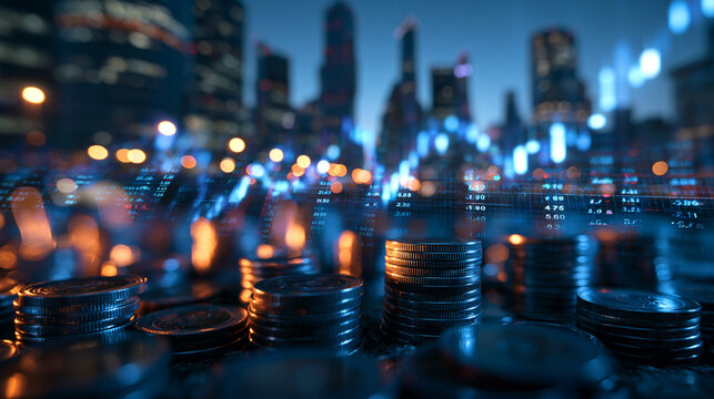 Stacked Coins and Stock Market Chart Overlay Against City Skyline