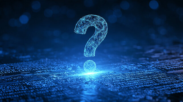 A glowing digital question mark hovers over a futuristic circuit board with glowing blue light. This tech concept art represents software troubleshooting and FAQ solutions.