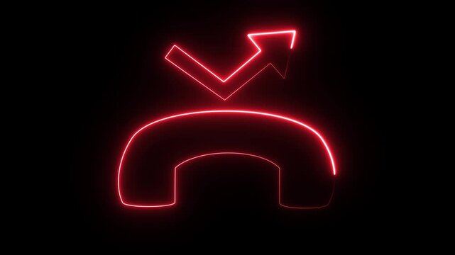 Red neon glowing phone receiver icon with a curved return arrow on a black background. Represents missed call, callback, and communication concepts for UI design. High quality 4K video resolution.