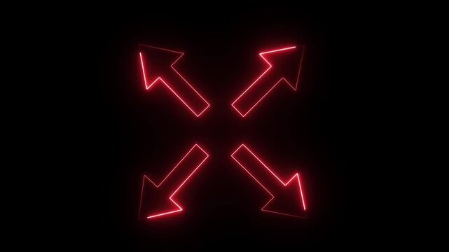 Red neon glowing expand arrows icon animation on a dark black background. Represents fullscreen, maximize, and multidirectional concepts. Perfect for UI design in high quality 4K video.