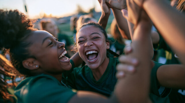 Diverse Female Soccer Team Celebrating Victory Together Outdoors
