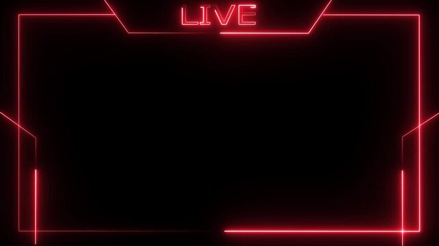 Glowing red neon live stream overlay frame on black background. Futuristic cyberpunk webcam border for gamers and streamers. High quality 4K video element for broadcast and online streaming.
