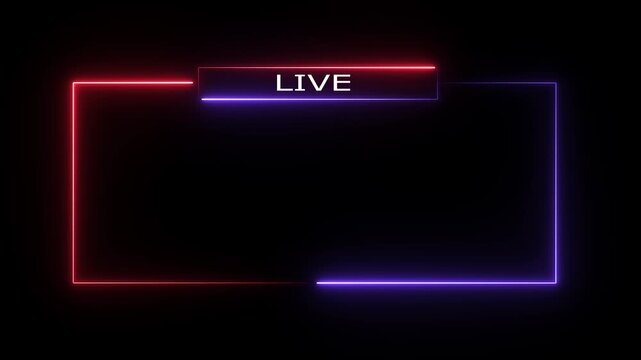 Live broadcast text with red and blue glowing neon rectangular frame animation on dark background 4K video showing modern border design for streaming stream overlay and cyber UI concepts