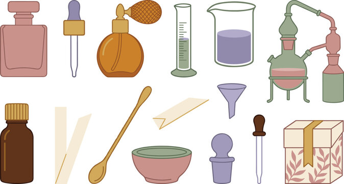 Perfumery and Essential Oil Laboratory Vector Icon Set Featuring Perfume Bottles Atomizer Dropper Beaker Funnel Distillation Apparatus and Fragrance Testing Strips