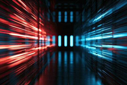 Futuristic corridor with red and blue lights streaking towards viewer