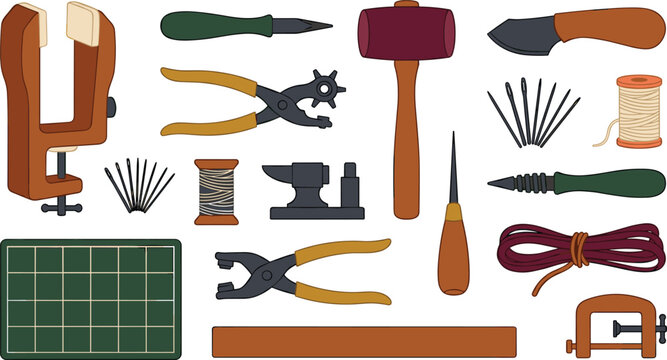 Leathercraft and Leatherworking Hand Tools Vector Icon Set Featuring Hole Punch Plier Mallet Awl Cutting Mat Needles Thread and Edge Beveler for Workshop Designs