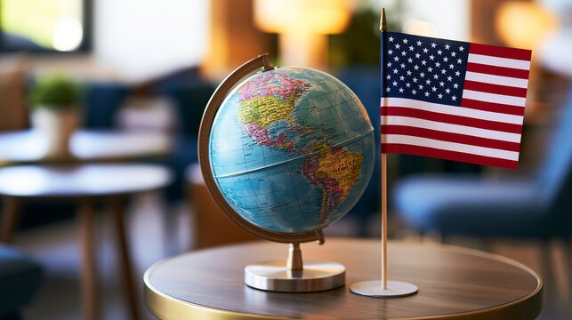 A desktop globe showing the Americas is next to a small American flag on a table. This symbolizes global relations, travel, and national identity concepts.