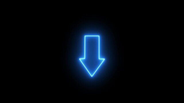 Glowing Neon Blue Down Arrow Motion Loop, Futuristic Animated Directional Pointer Indicator Icon on Black Background Asset with alpha video.