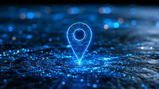 Glowing digital map pointer glowing on a futuristic cyber surface. Location tracking concept for technology advertisements.