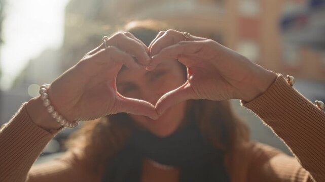 Young hispanic woman forms heart with hands toward camera on street wearing scarf and pearl bracelet; warmth candid affection.