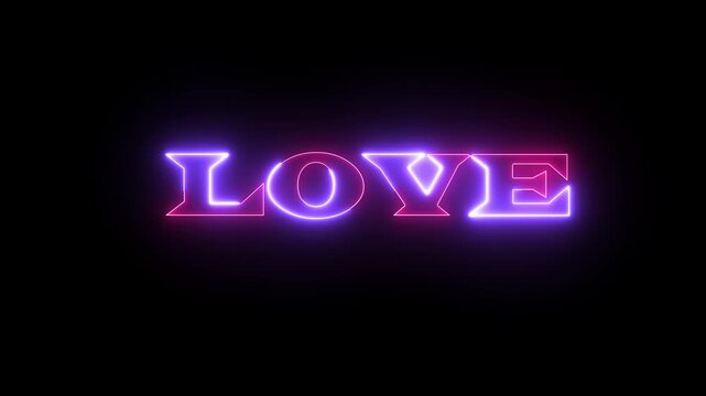 This romantic 4K video displays the word LOVE in a stunning glowing purple and pink neon outline font. Perfectly isolated on a solid black background for Valentine's Day or wedding overlays.