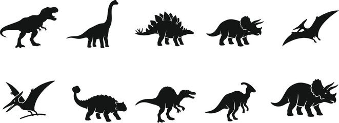 A collection of various dinosaur silhouettes isolated on a white background for educational and design projects © Jubayer