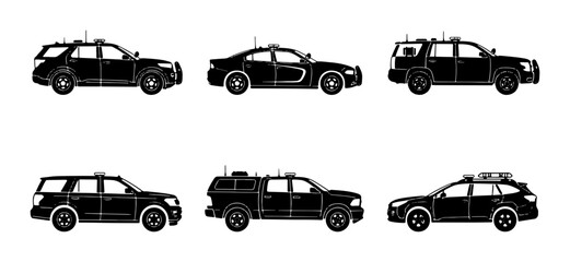 Police Car Icons, Law Enforcement Vehicles, Security Patrol Fleet, Black Vector Graphics © Tariqul