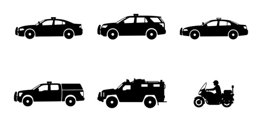 Police Vehicle Icons Set: Patrol Cars, SUV, Truck, Armored Vehicle, Motorcycle © Tariqul