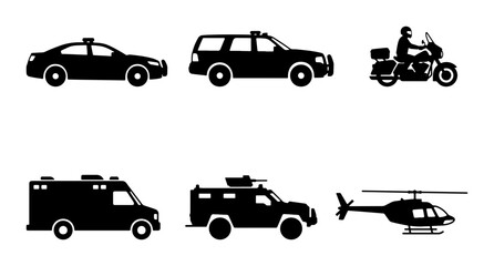 Police Vehicle Icons, Law Enforcement Transport Set, Security Service Transportation Graphics © Tariqul