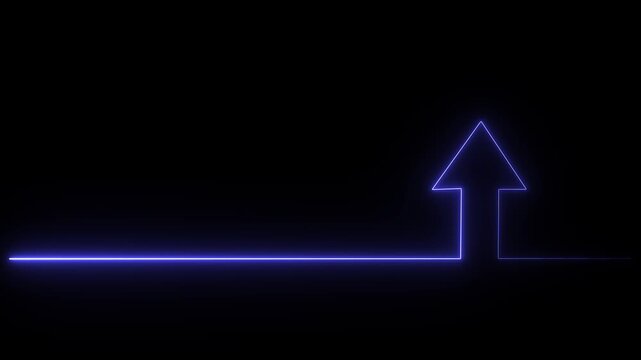 A stunning 4K video featuring a glowing blue purple neon upward arrow line animation, isolated on a solid black background, perfect for financial growth, business profit, and futuristic design.