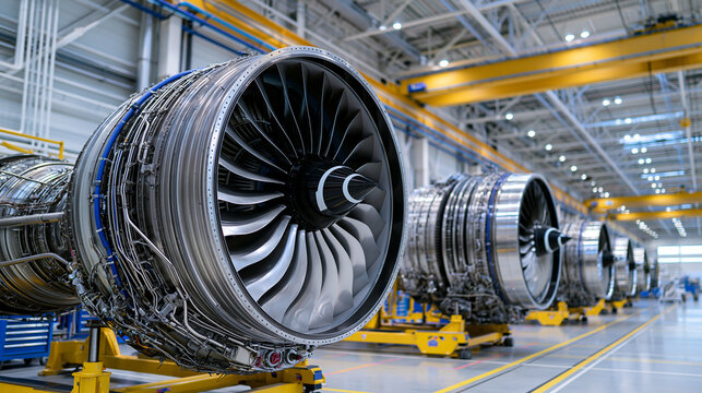 Large jet aircraft engines assembled in a brightly lit industrial manufacturing factory. Aerospace engineering concept for commercial aviation design and technology.