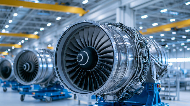 Modern jet engines assembled inside a bright industrial manufacturing plant under professional lighting. Ideal background for aerospace engineering and aviation technology.
