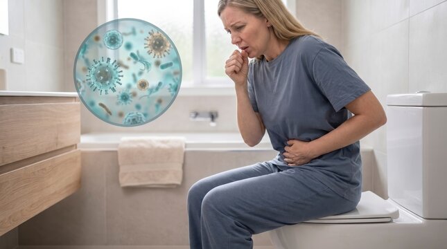 A woman sits on a toilet clutching her stomach and coughing, with an inset showing magnified germs and bacteria, indicating illness or infection.