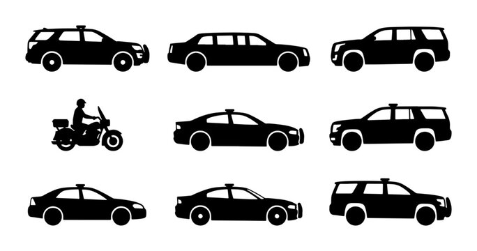 Black Silhouette Vehicle Icons: Sedan, SUV, Limo, Motorcycle & More for Transport Concepts