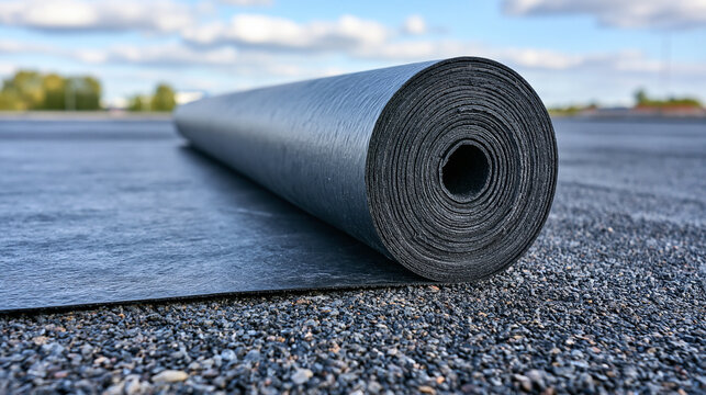 A roll of black bituminous waterproofing membrane on a flat gravel roof under daylight. Perfect for construction and roofing industry advertisements.