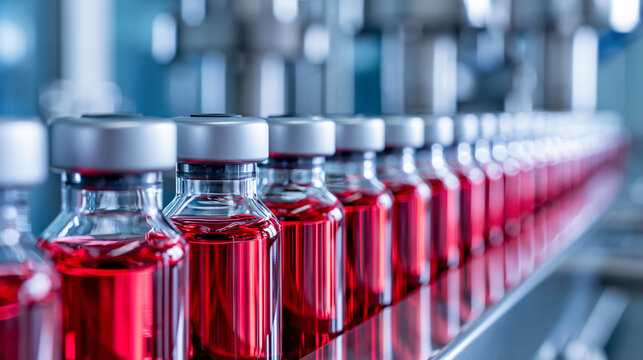 Medical glass vials filled with red liquid moving along a pharmaceutical production line under bright industrial lighting. Ideal for vaccine manufacturing and healthcare.