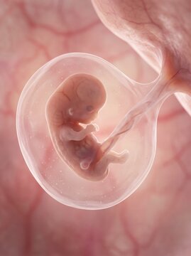 A detailed close-up of a human embryo inside the amniotic sac, connected to the placenta via the umbilical cord.