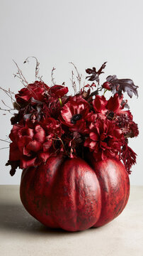 Gothic pumpkin floral centerpiece vertical composition with deep red bloom and dark foliage on tabletop against clean off white wall, creating dramatic copy space for editorial text