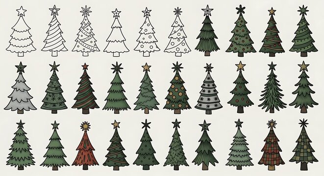 Collection of stylized christmas trees in various designs