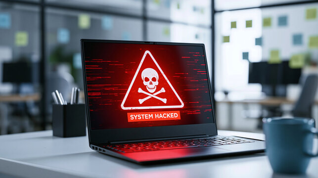 A laptop displaying a red system hacked warning and skull icon on screen in an office. Ideal for cybersecurity and data breach concepts.