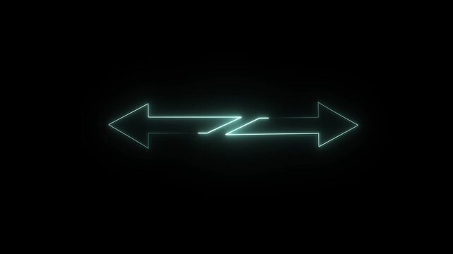 Glowing neon icon of double-sided arrow pointing left and right with crossed overlapping center design, isolated on black background. 4K video.