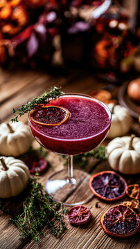 Dark red botanical cocktail with citrus garnish, thyme sprig, white pumpkin, and dehydrated orange on rustic wooden table