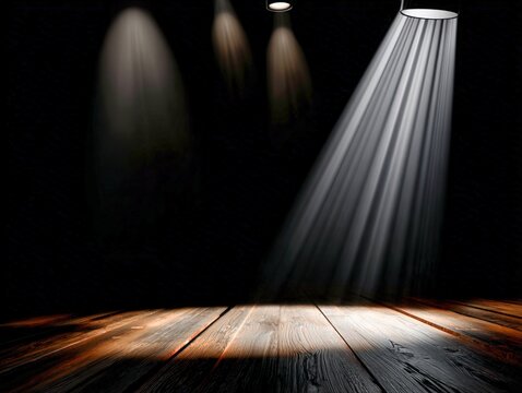 Bright beams illuminate a rustic wooden stage at night