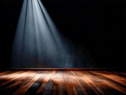 Spotlight on a wooden stage creating dramatic shadows