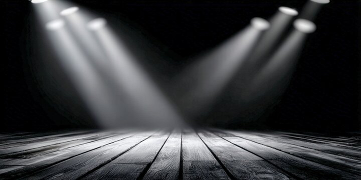 Dramatic lighting dances across a wooden stage floor
