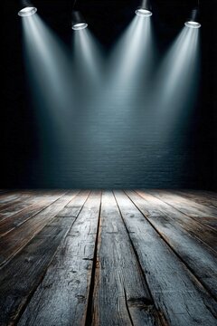 Spotlights shine on an empty wooden stage