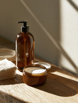 Amber pump bottle and cream jar on wooden vanity beside folded cotton wipes in warm sunlight with natural texture and copy space for skincare care