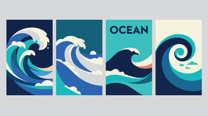 Naklejka premium Set of four vertical banners featuring stylized ocean waves in a modern flat graphic art design style