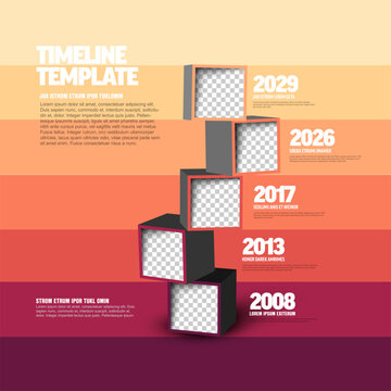 Professional timeline infographic template featuring stacked 3D boxes for photos. This timeline infographic uses a warm color palette to present historical milestones clearly.