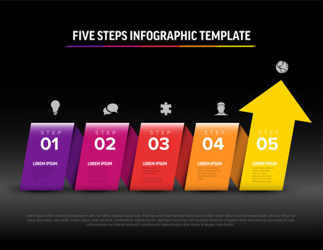 This colorful business infographic features a five steps process and a growing arrow. Use this professional infographic to visualize your business and five steps growth strategy.