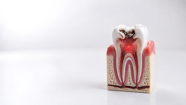 Dental cavity and tooth decay anatomy model showing internal tooth structure with large copy space