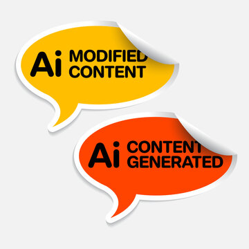 A set of orange and yellow stickers for AI content generated and AI modified content labels. These sticker tags help identify AI content generated or modified content for transparency.