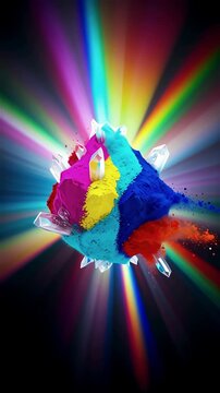 Ultraviolet 3D CGI single-moment visualization of pure color exploding in a controlled midair swirl of hypersaturated dry pigments and translucent crystalline particles in every direction