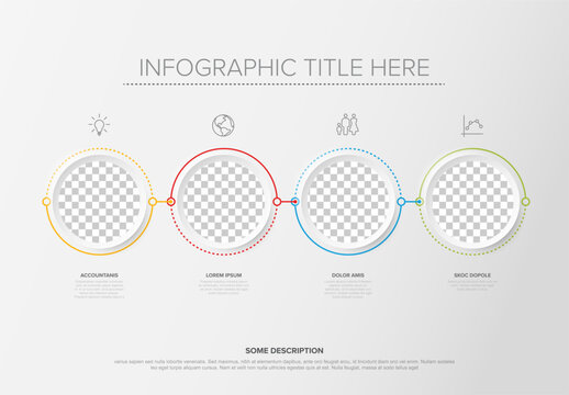 This infographic template features four circular placeholders for photos and icons. Use this infographic template to present your data and business process in a professional way.
